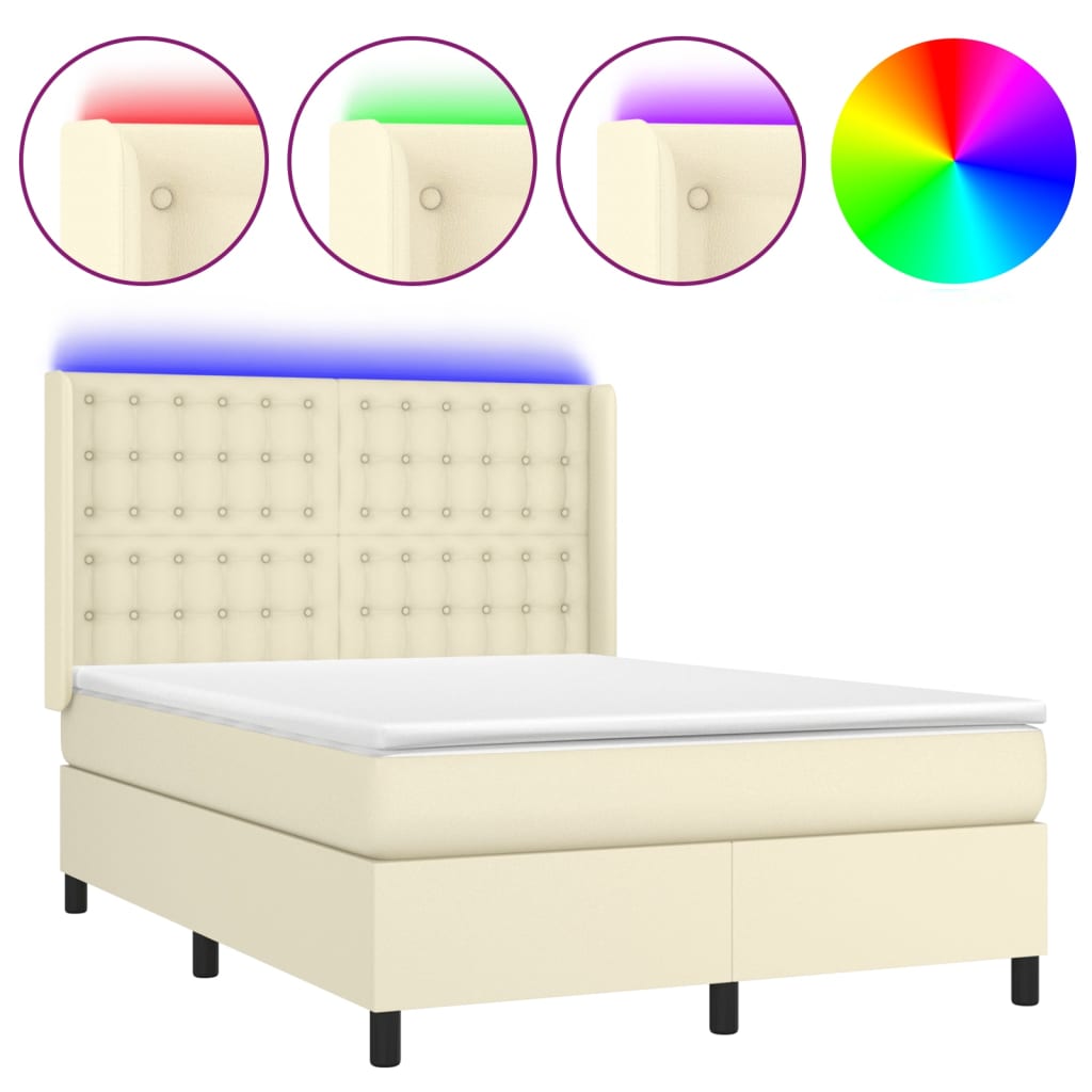 Box Spring Postel S Matrací A Led Krémová 140X190 Cm Umělá Kůže