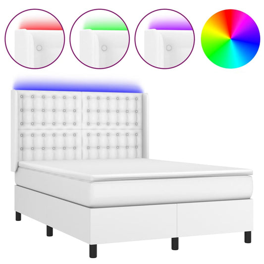 Box Spring Postel S Matrací A Led Umělá Kůže Bílá