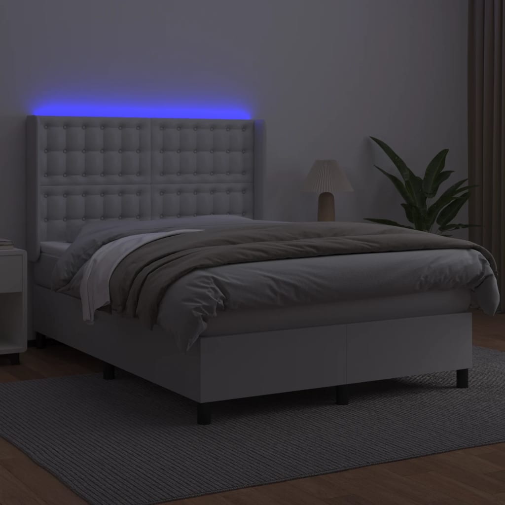 Box Spring Postel S Matrací A Led Umělá Kůže Bílá