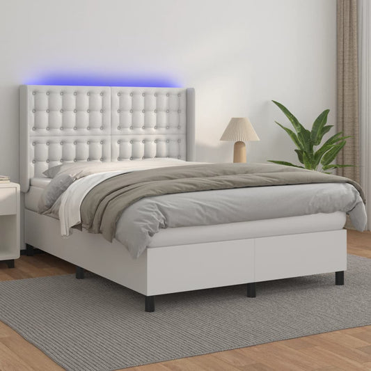 Box Spring Postel S Matrací A Led Umělá Kůže Bílá