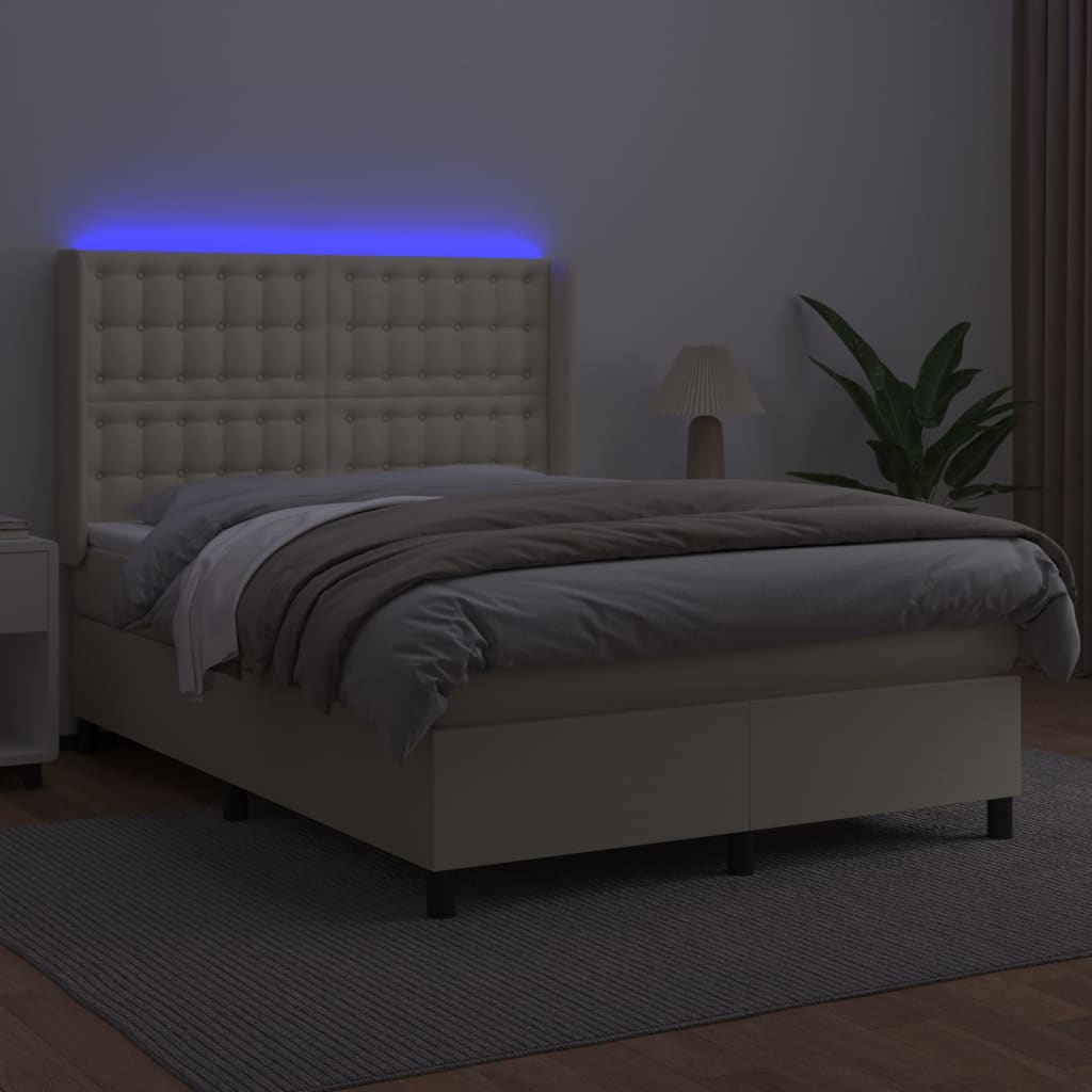 Box Spring Postel S Matrací A Led Krémová 140X200 Cm Umělá Kůže