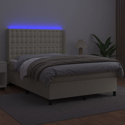 Box Spring Postel S Matrací A Led Krémová 140X200 Cm Umělá Kůže