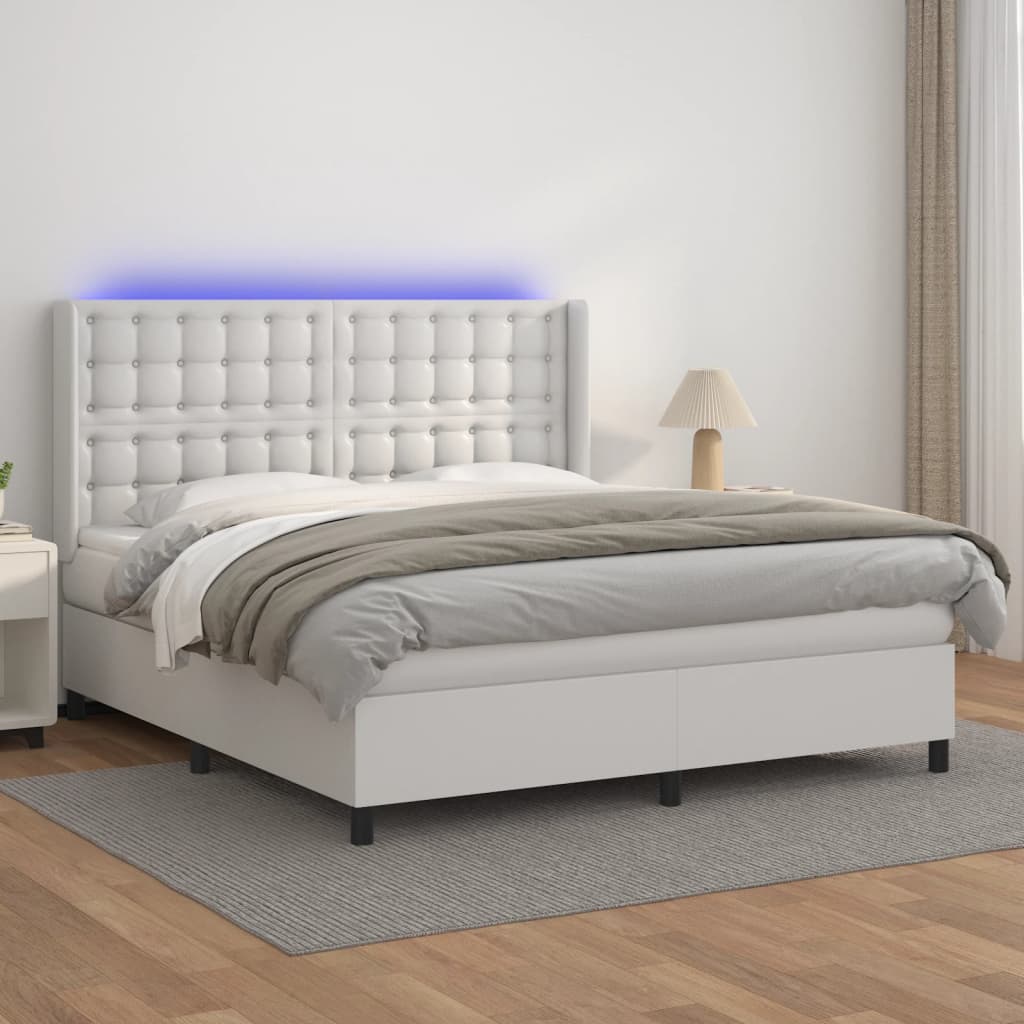 Box Spring Postel S Matrací A Led Umělá Kůže Bílá