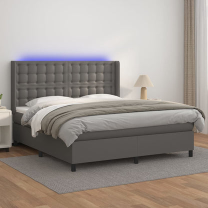 Box Spring Postel S Matrací A Led Šedá Umělá Kůže Šedá