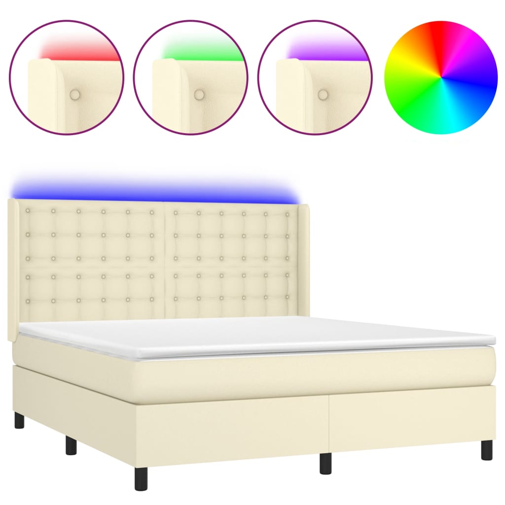 Box Spring Postel S Matrací A Led Krémová 180X200Cm Umělá Kůže