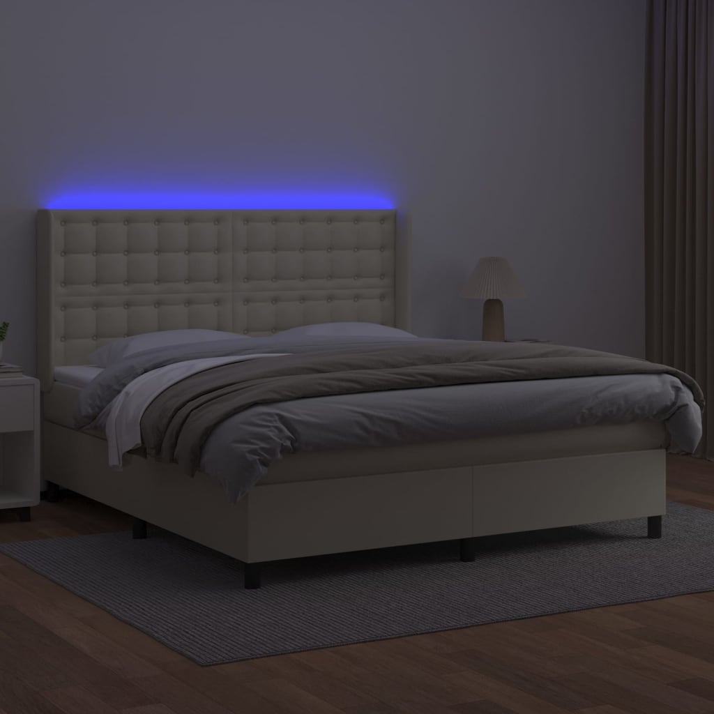 Box Spring Postel S Matrací A Led Krémová 180X200Cm Umělá Kůže