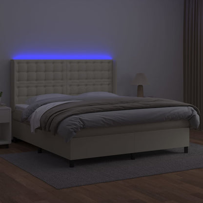 Box Spring Postel S Matrací A Led Krémová 180X200Cm Umělá Kůže