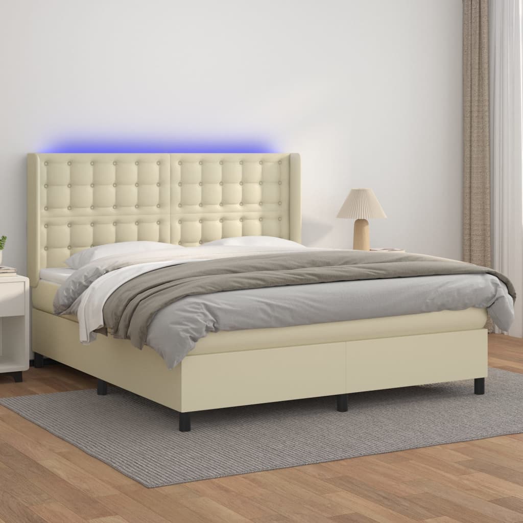 Box Spring Postel S Matrací A Led Krémová 180X200Cm Umělá Kůže