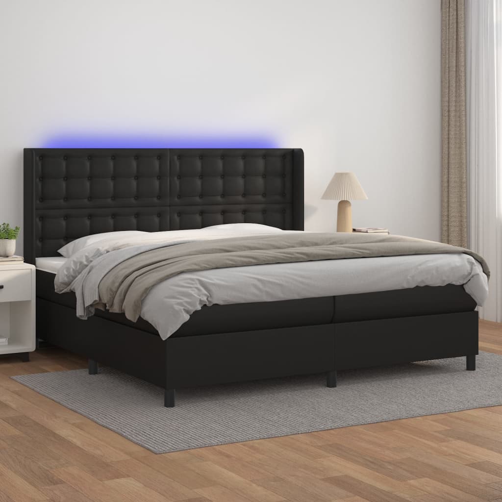 Box Spring Postel S Matrací A Led Černá Umělá Kůže Černá
