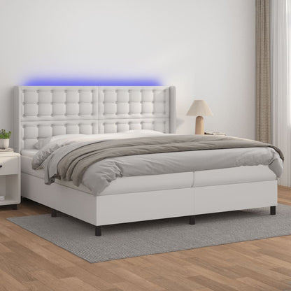 Box Spring Postel S Matrací A Led Umělá Kůže Bílá