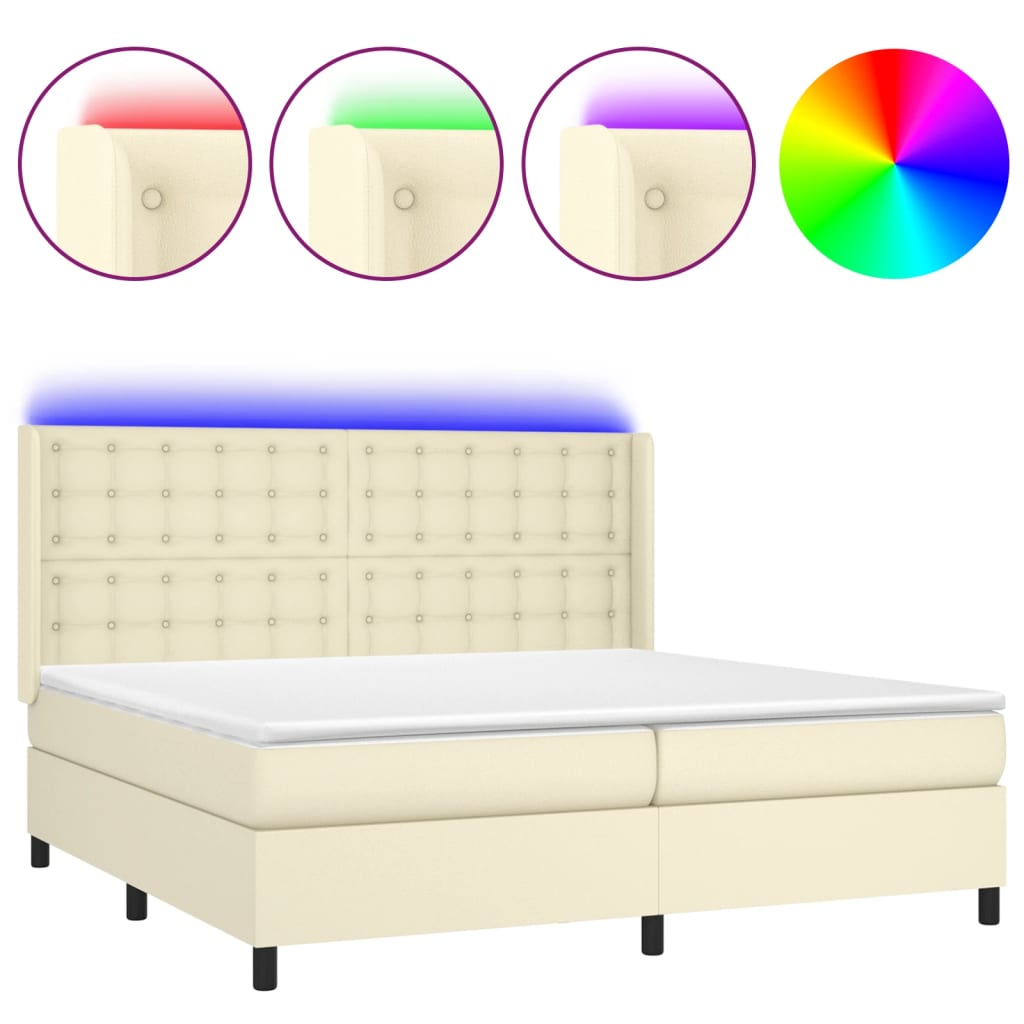 Box Spring Postel S Matrací A Led Krémová 200X200 Cm Umělá Kůže