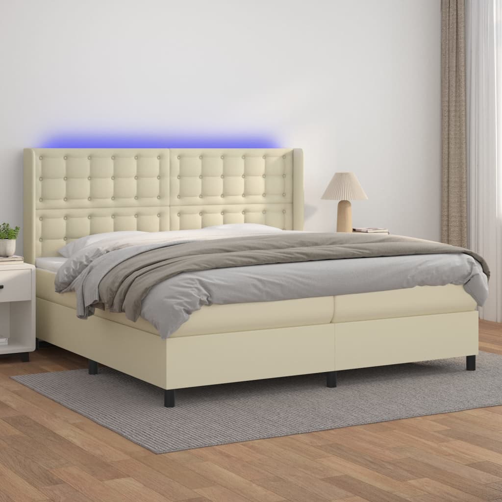 Box Spring Postel S Matrací A Led Krémová 200X200 Cm Umělá Kůže