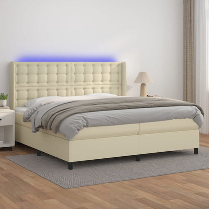 Box Spring Postel S Matrací A Led Krémová 200X200 Cm Umělá Kůže