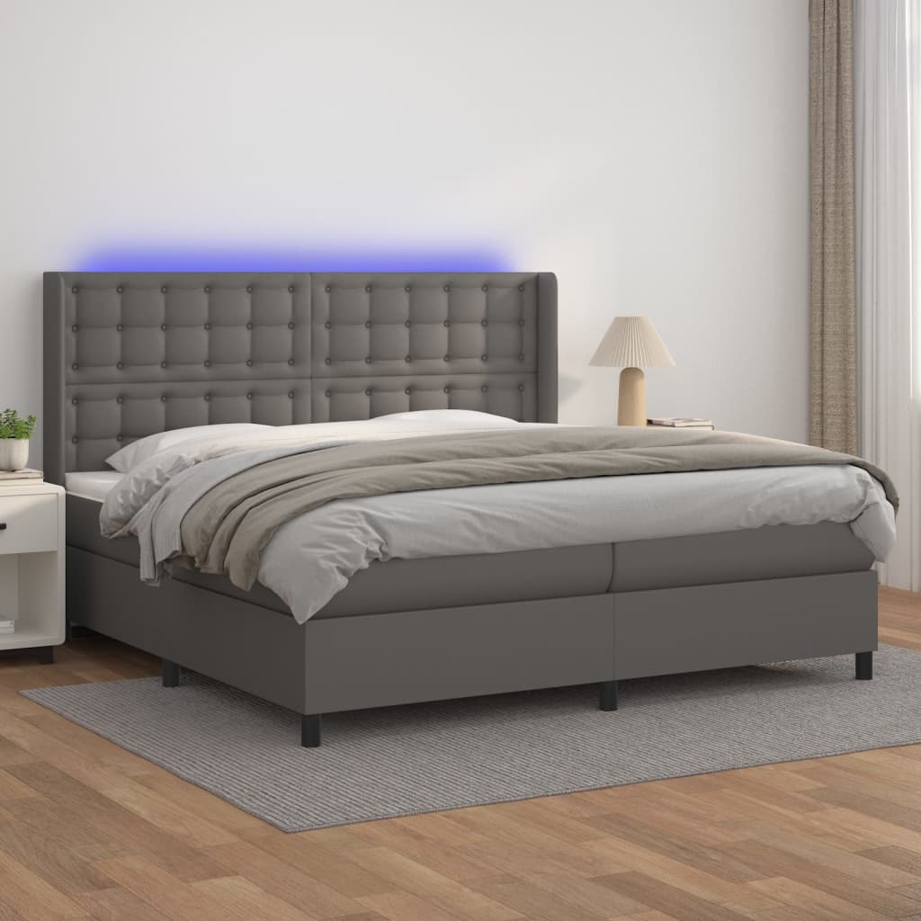 Box Spring Postel S Matrací A Led Šedá Umělá Kůže Šedá