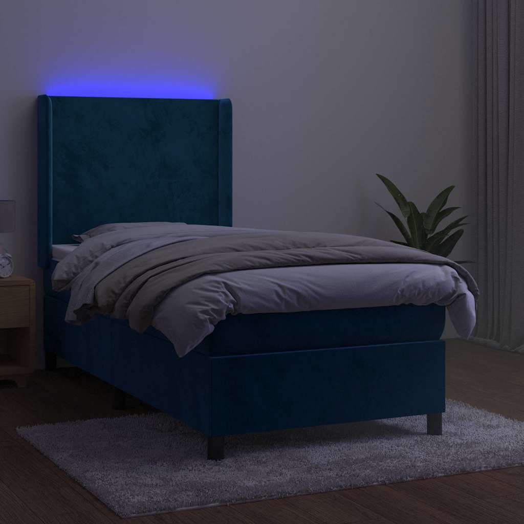 Box Spring Postel S Matrací A Led Tmavě Modrá 100X200 Cm Samet