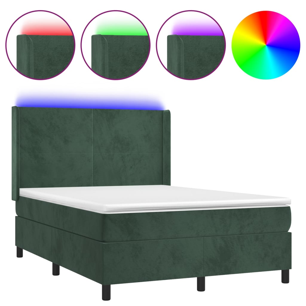 Box Spring Postel S Matrací A Led Tmavě Zelená 140X190 Cm Samet