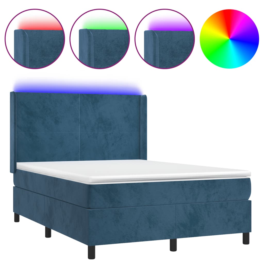 Box Spring Postel S Matrací A Led Tmavě Modrá 140X190 Cm Samet