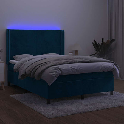 Box Spring Postel S Matrací A Led Tmavě Modrá 140X190 Cm Samet