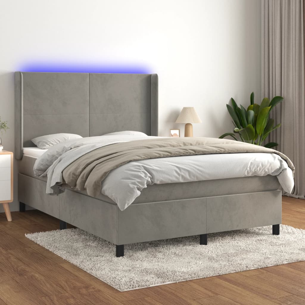 Box Spring Postel S Matrací A Led Samet Světle Šedá