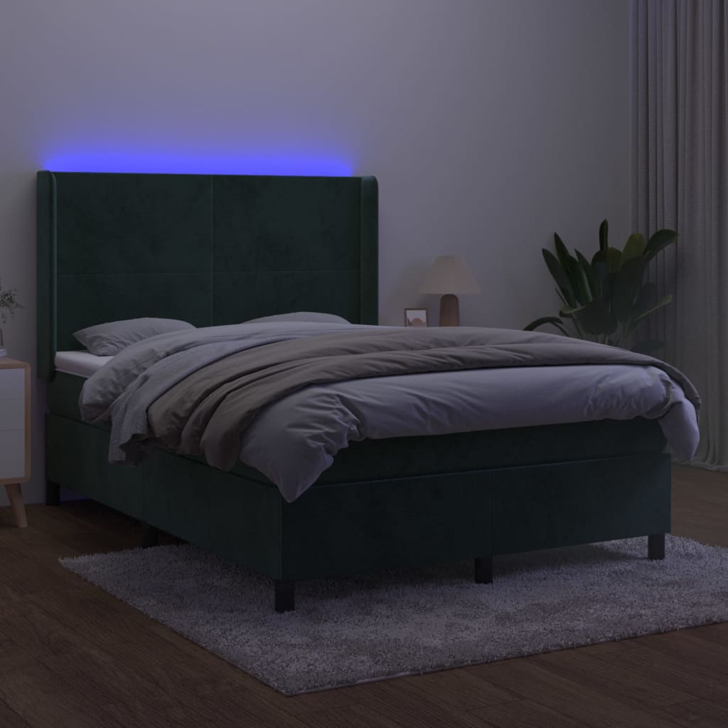 Box Spring Postel S Matrací A Led Tmavě Zelená 140X200 Cm Samet