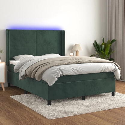 Box Spring Postel S Matrací A Led Tmavě Zelená 140X200 Cm Samet