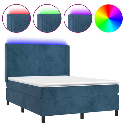 Box Spring Postel S Matrací A Led Tmavě Modrá 140X200 Cm Samet