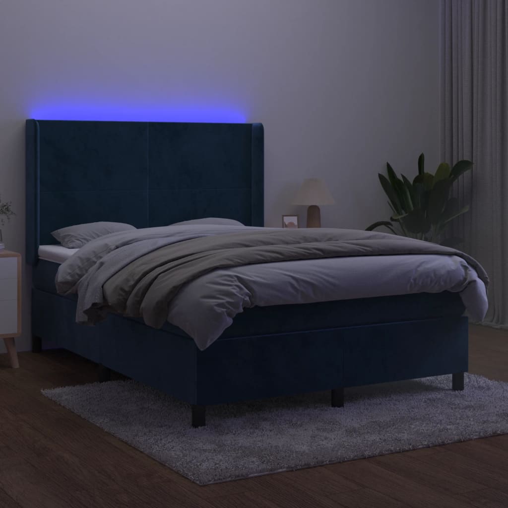Box Spring Postel S Matrací A Led Tmavě Modrá 140X200 Cm Samet