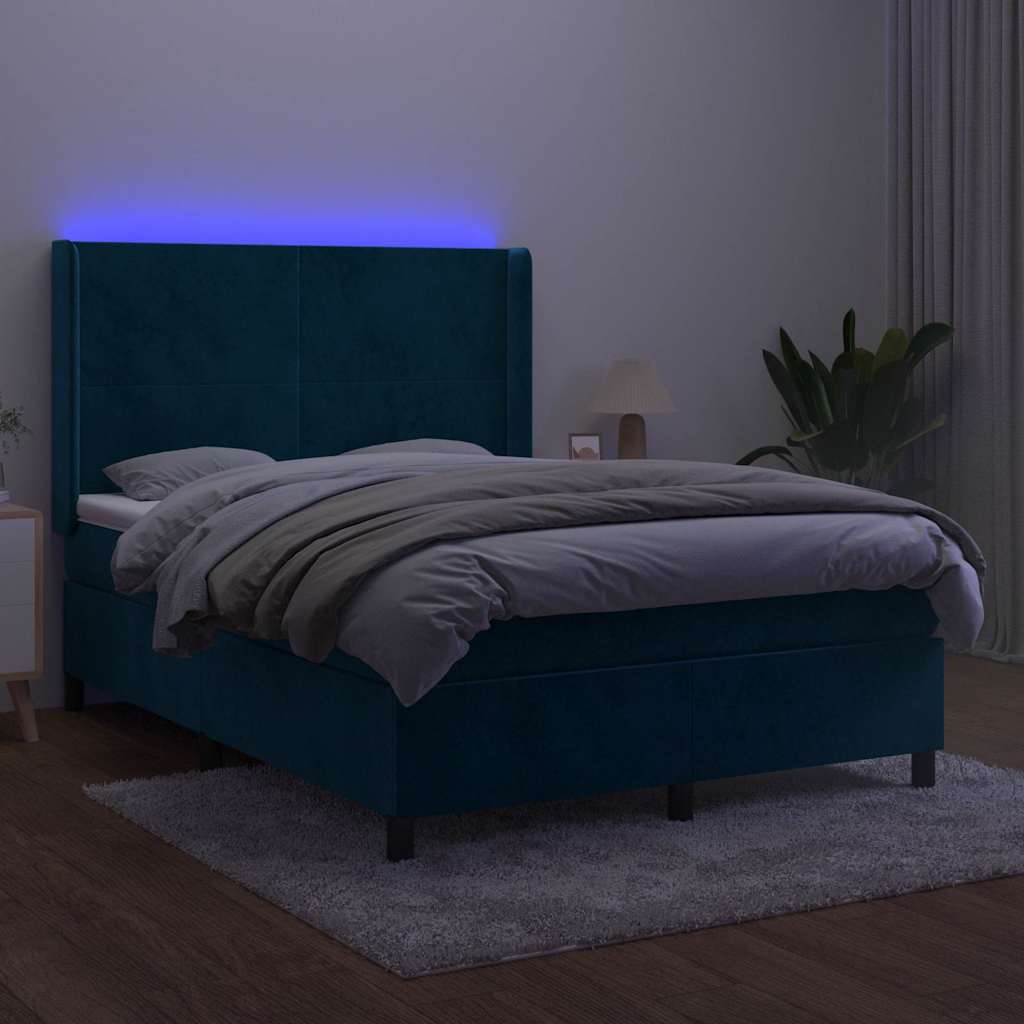 Box Spring Postel S Matrací A Led Tmavě Modrá 140X200 Cm Samet
