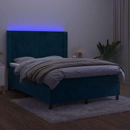 Box Spring Postel S Matrací A Led Tmavě Modrá 140X200 Cm Samet