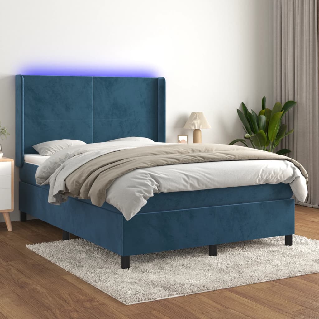 Box Spring Postel S Matrací A Led Tmavě Modrá 140X200 Cm Samet