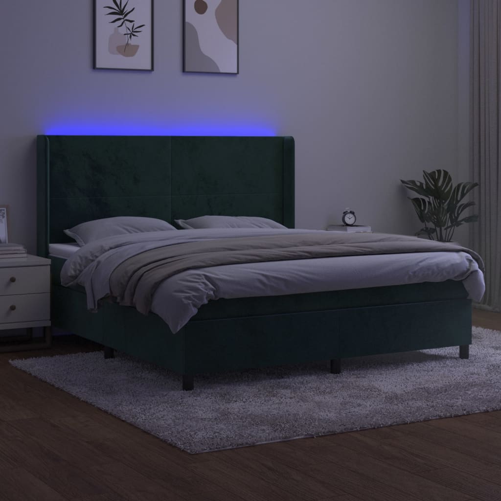 Box Spring Postel S Matrací A Led Tmavě Zelená 160X200 Cm Samet