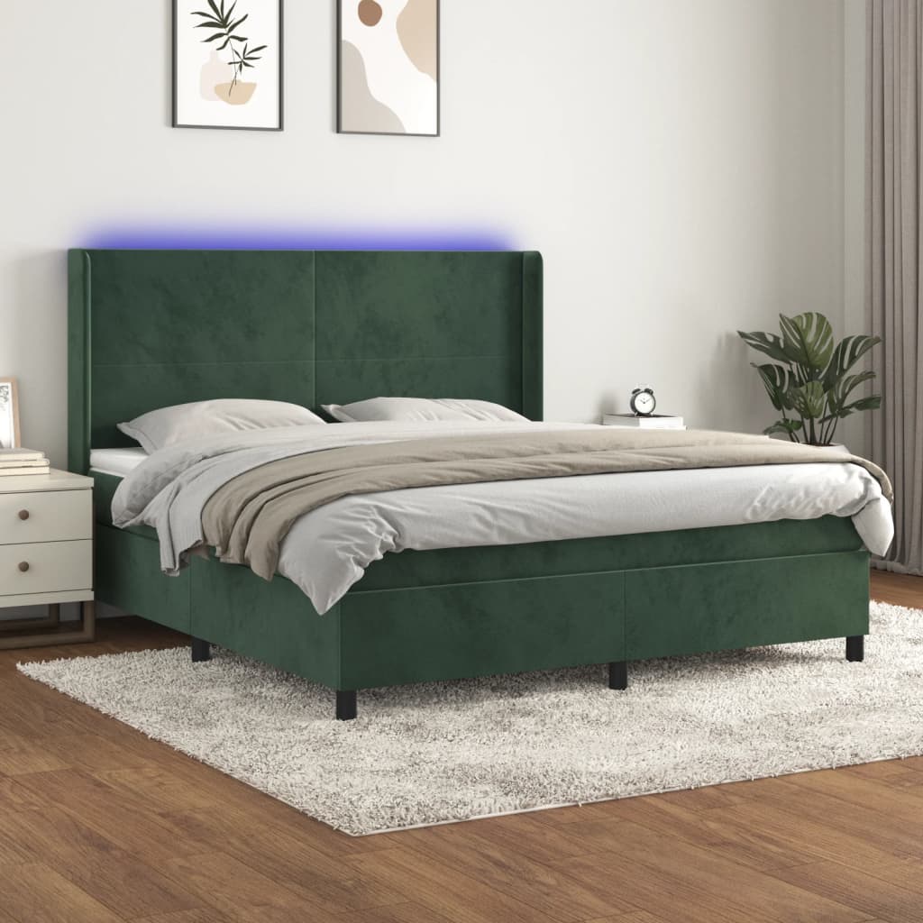 Box Spring Postel S Matrací A Led Tmavě Zelená 160X200 Cm Samet