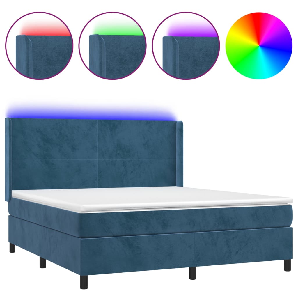 Box Spring Postel S Matrací A Led Tmavě Modrá 160X200 Cm Samet