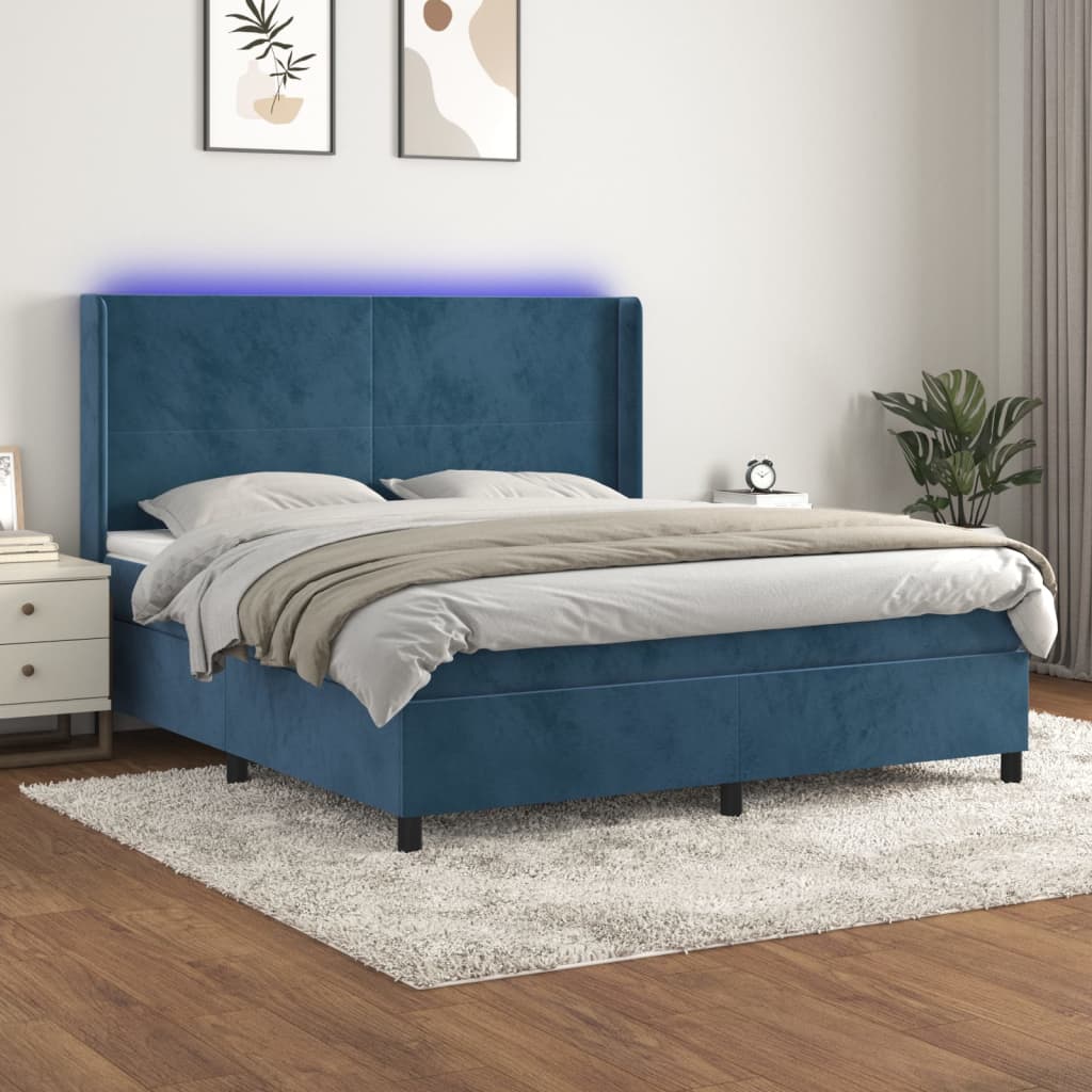 Box Spring Postel S Matrací A Led Tmavě Modrá 160X200 Cm Samet
