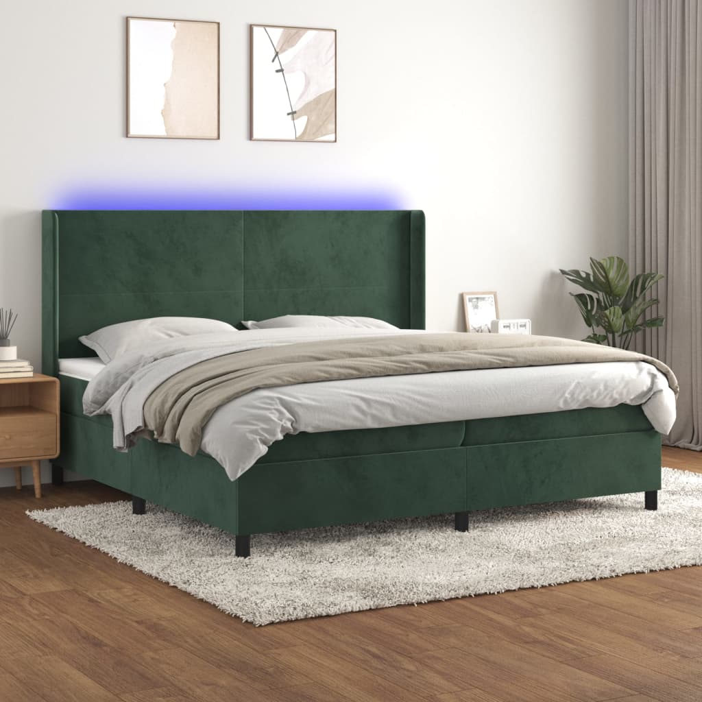 Box Spring Postel S Matrací A Led Tmavě Zelená 200X200 Cm Samet