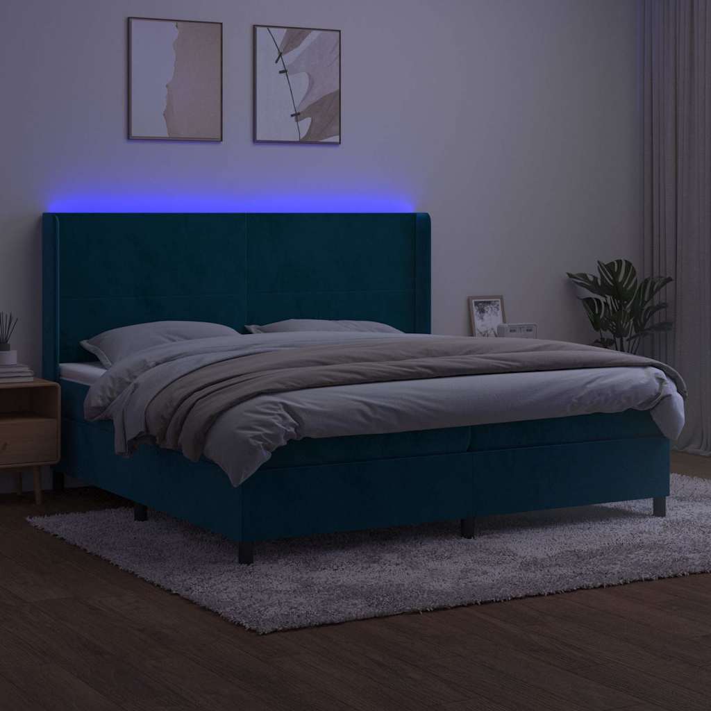 Box Spring Postel S Matrací A Led Tmavě Modrá 200X200 Cm Samet