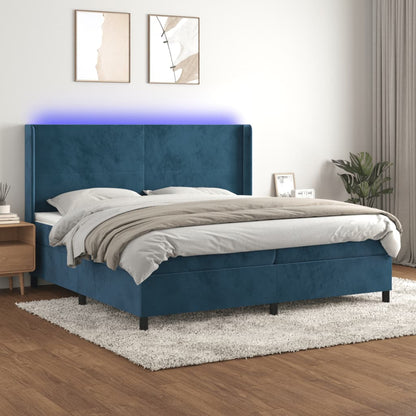 Box Spring Postel S Matrací A Led Tmavě Modrá 200X200 Cm Samet