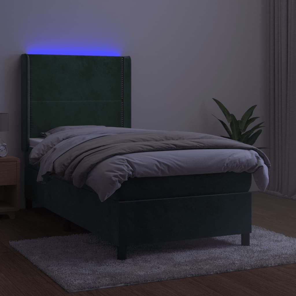 Box Spring Postel S Matrací A Led Tmavě Zelená 90X190 Cm Samet