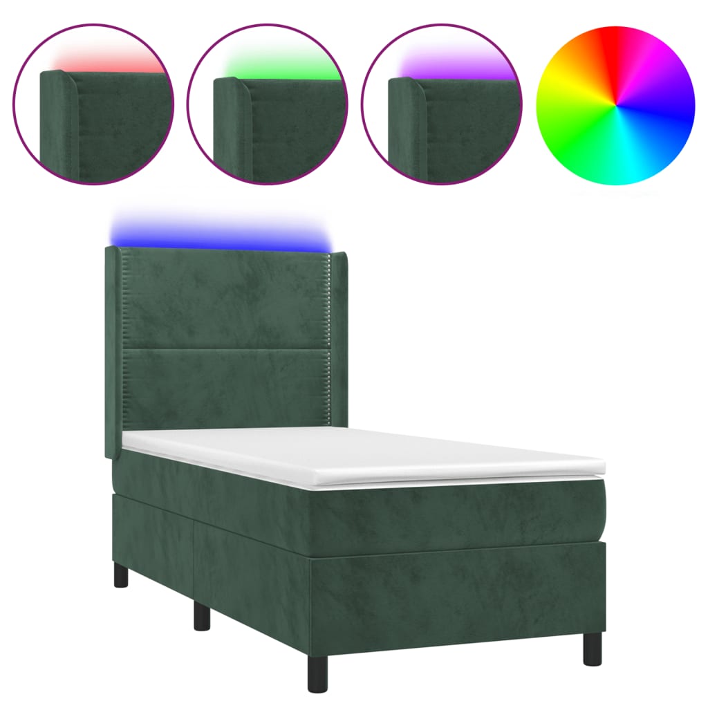 Box Spring Postel S Matrací A Led Tmavě Zelená 90X200 Cm Samet