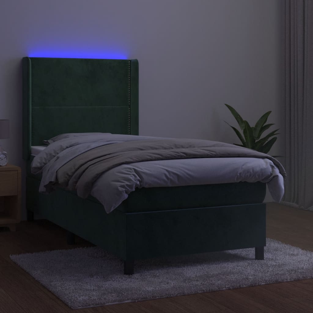 Box Spring Postel S Matrací A Led Tmavě Zelená 100X200 Cm Samet