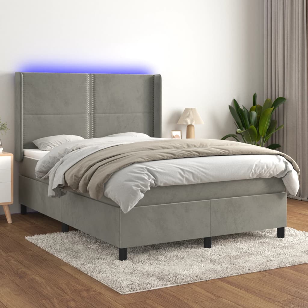 Box Spring Postel S Matrací A Led Samet Světle Šedá
