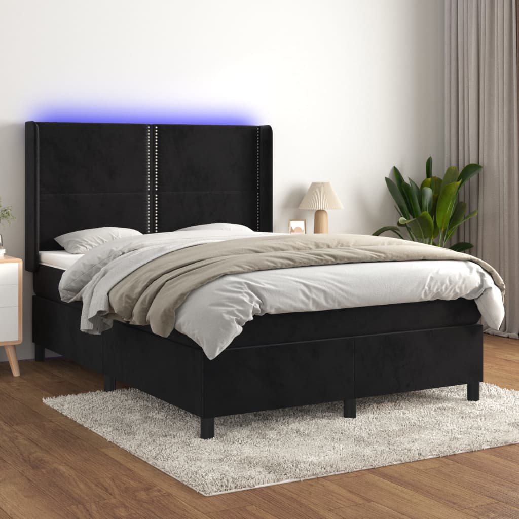 Box Spring Postel S Matrací A Led Černá Samet Černá