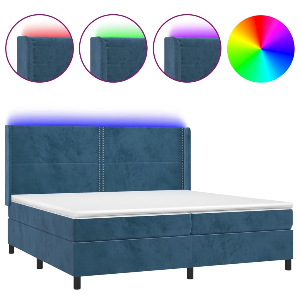 Box Spring Postel S Matrací A Led Tmavě Modrá 200X200 Cm Samet