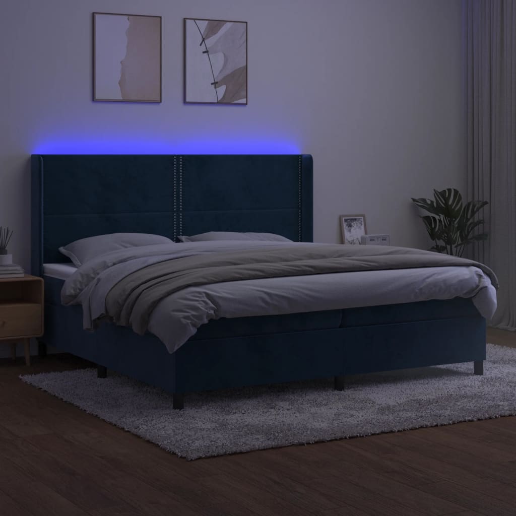 Box Spring Postel S Matrací A Led Tmavě Modrá 200X200 Cm Samet