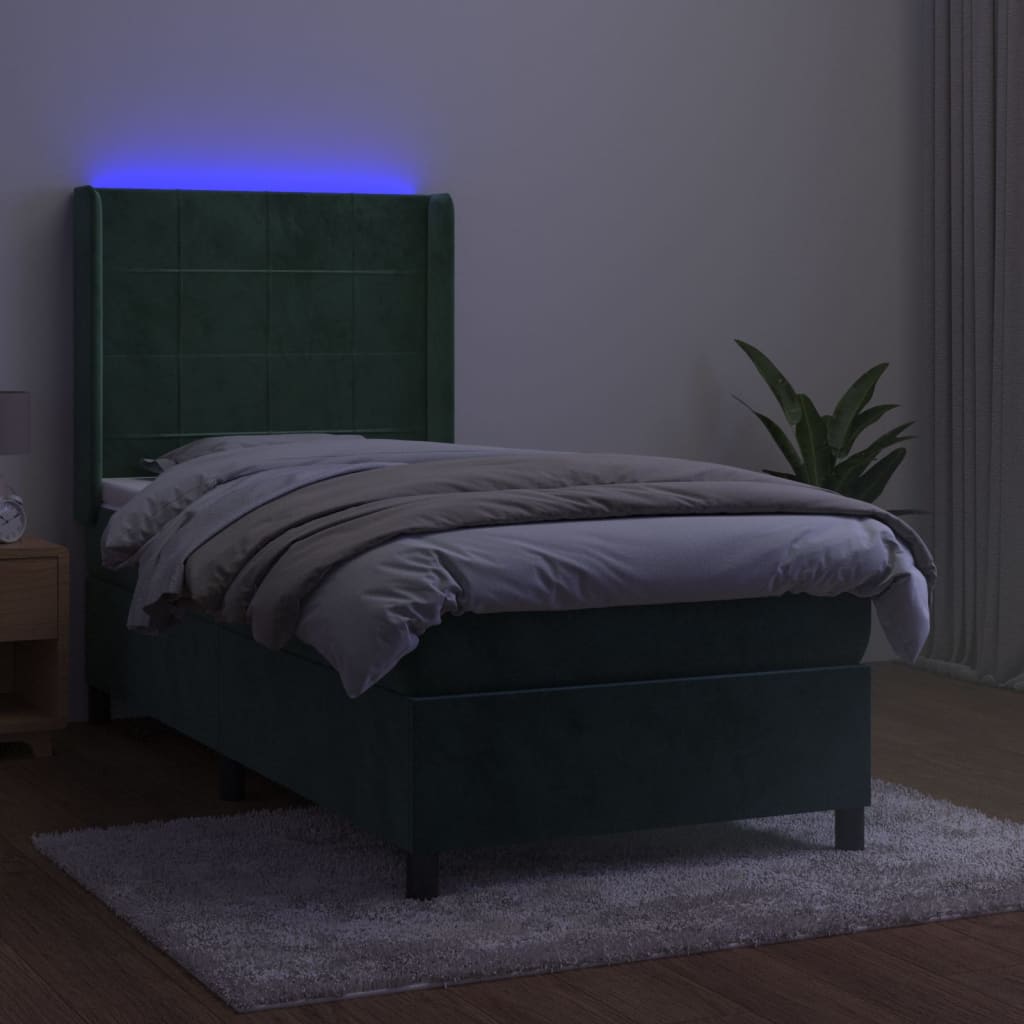 Box Spring Postel S Matrací A Led Tmavě Zelená 100X200 Cm Samet