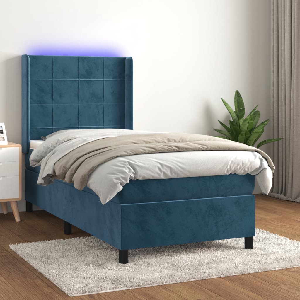 Box Spring Postel S Matrací A Led Tmavě Modrá 100X200 Cm Samet