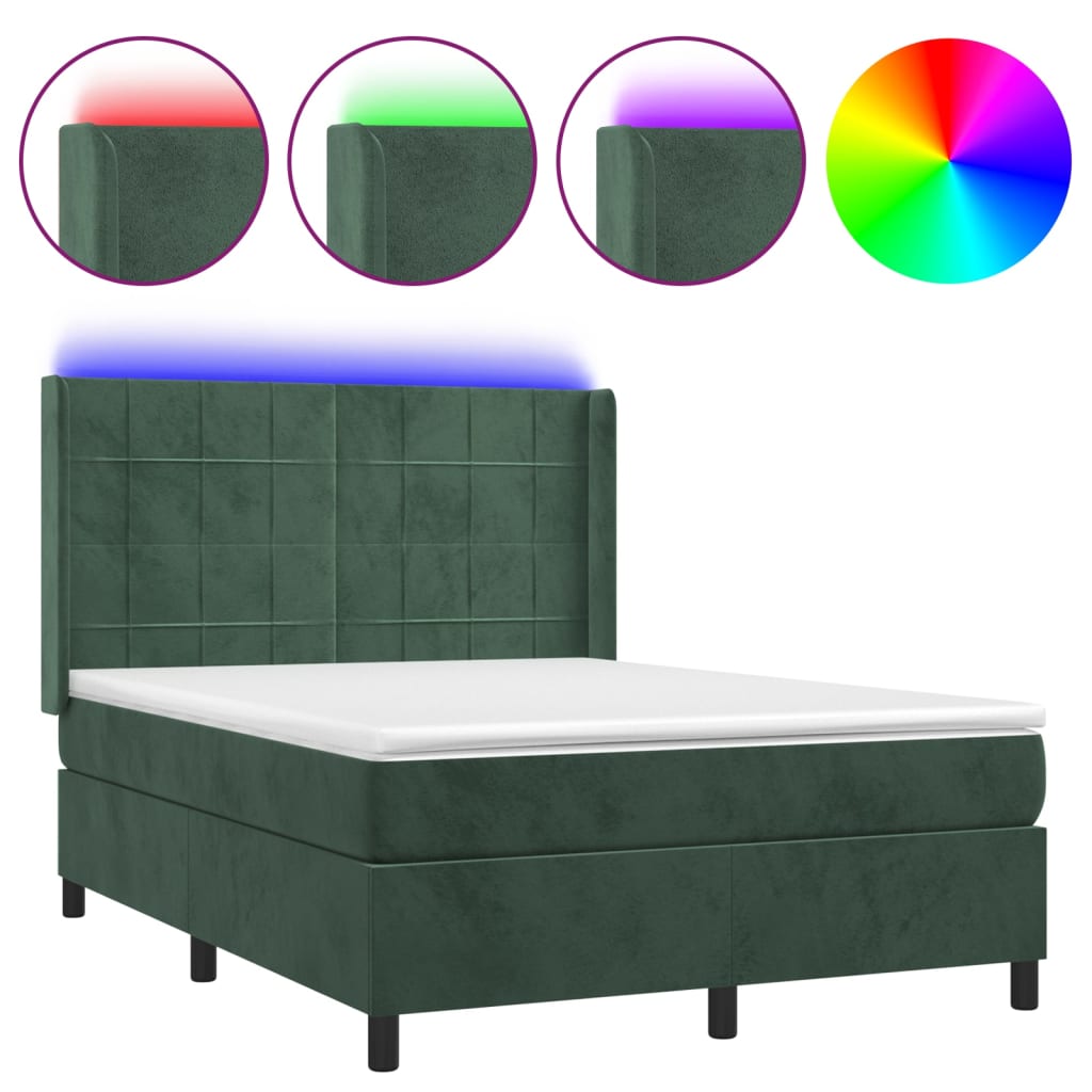 Box Spring Postel S Matrací A Led Tmavě Zelená 140X190 Cm Samet