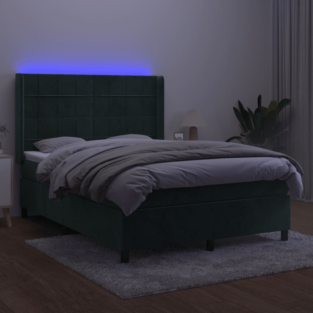 Box Spring Postel S Matrací A Led Tmavě Zelená 140X190 Cm Samet