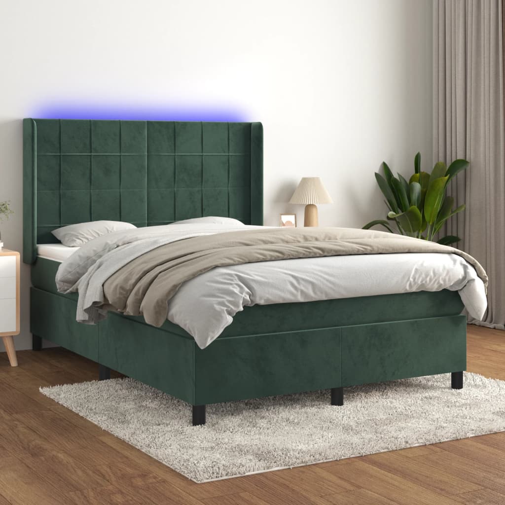 Box Spring Postel S Matrací A Led Tmavě Zelená 140X190 Cm Samet