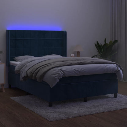 Box Spring Postel S Matrací A Led Tmavě Modrá 140X190 Cm Samet